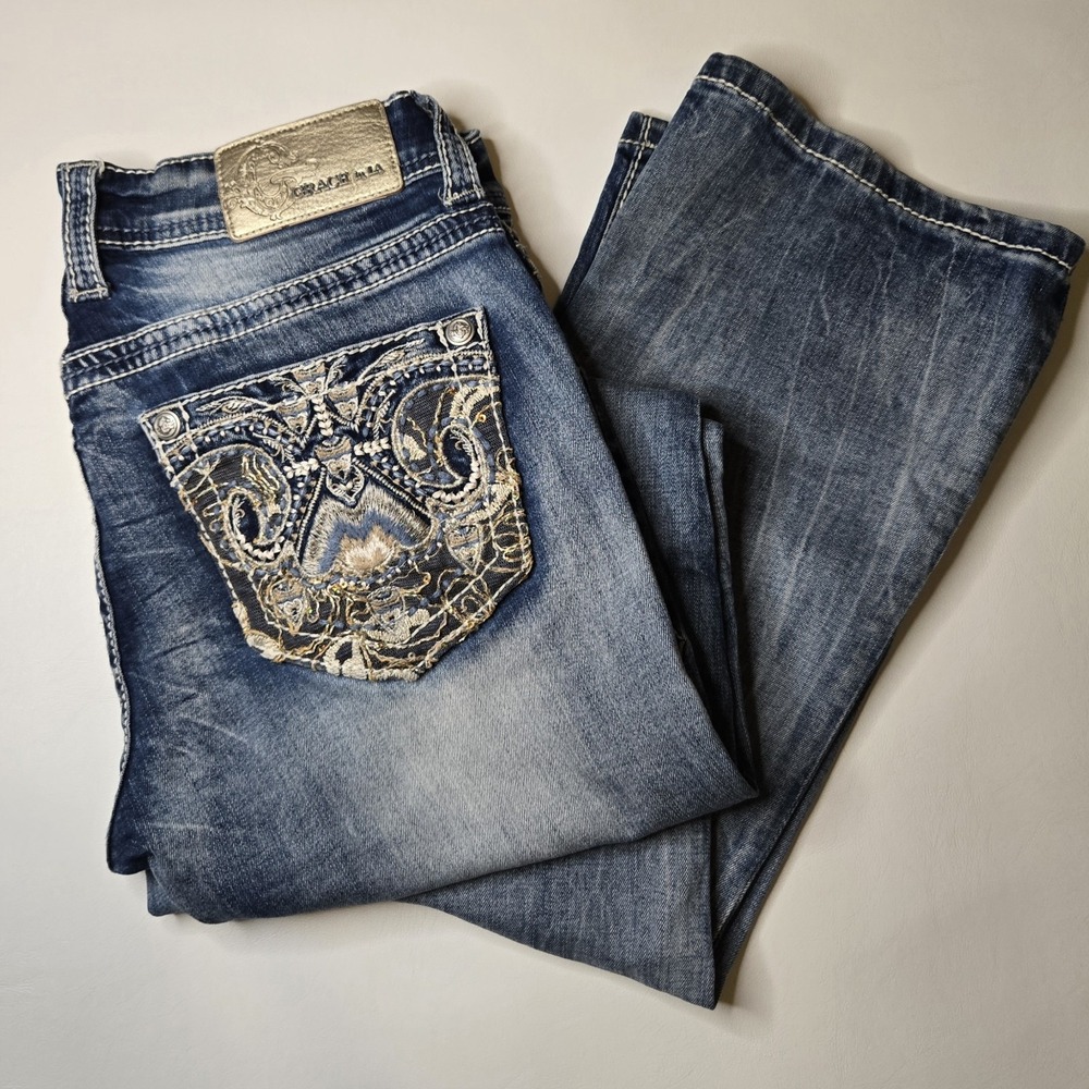 Grace in LA Y2K Style Bootcut‎ Low-rise Jeans Sz 27 EUC Embroidered Pockets